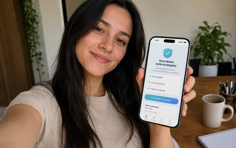 Mariana mostrando a confirmação de proteção dos dados