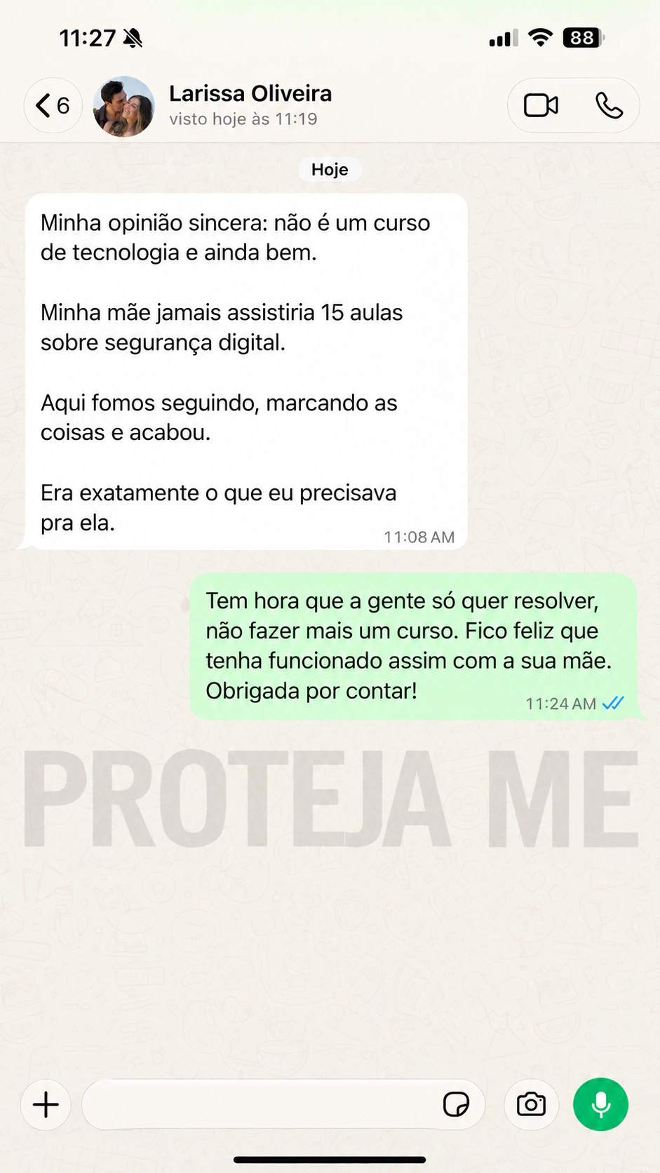 Avaliação de cliente do Proteja Me, 8 de 10